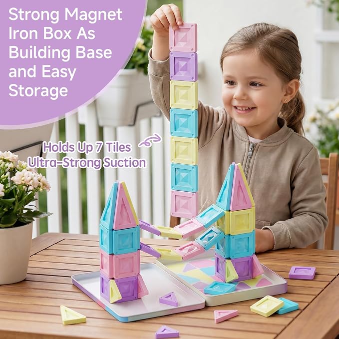 Mini Magnetic Tiles Girls Travel: 40PCS Macaron Blocks with Tin Box | 90 Mins Quiet Play, 45s Cleanup, Strong Magnets Holds 7+ Tiles - Airplane, Car & Road Trip Toys for Kids Age 3-6