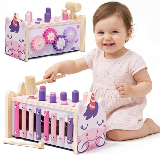 Wooden Montessori Toys for 1 Year Old, 1st Birthday Gift for Girls 1-3 | Pounding Hammering Toy with Xylophone, Toddler Learning Toy, Pink Unicorn Design, Educational Musical Baby Toy 12-18 mouth