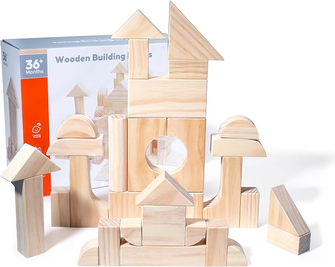 Large Wood Building Blocks with Wooden Storage Tray, 64-Piece Hardwood Sorting & Stacking Toys for Building & Balancing, Educational Preschool Learning Toys for 3+ Year Old Boy and Girl Gifts