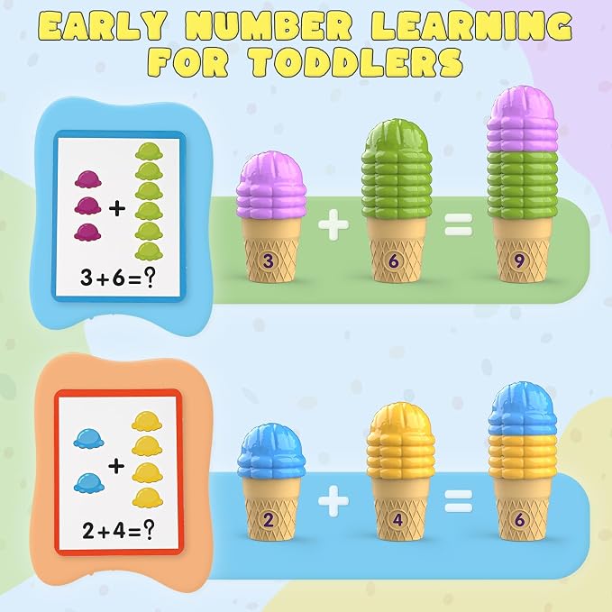 Ice Cream Color Sorting Toys for Toddlers, Montessori Counting Pretend Play Toys - 76 Pieces, Early Math Manipulatives Learning Toys with 10 Educational Number Cards for Preschool Kids (Number)