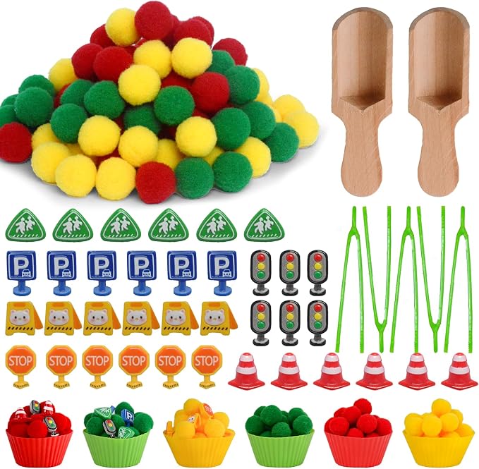169pcs Traffic Signs Sensory Bin Filler Fine Motor Toys Traffic-themed Sensory Bin Items Traffic Light Stop Sign Traffic Cones Parking Sign Crosswalk Pom Poms for Preschool Color Counting Sorting