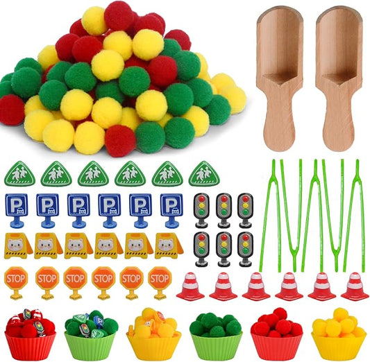 169pcs Traffic Signs Sensory Bin Filler Fine Motor Toys Traffic-themed Sensory Bin Items Traffic Light Stop Sign Traffic Cones Parking Sign Crosswalk Pom Poms for Preschool Color Counting Sorting