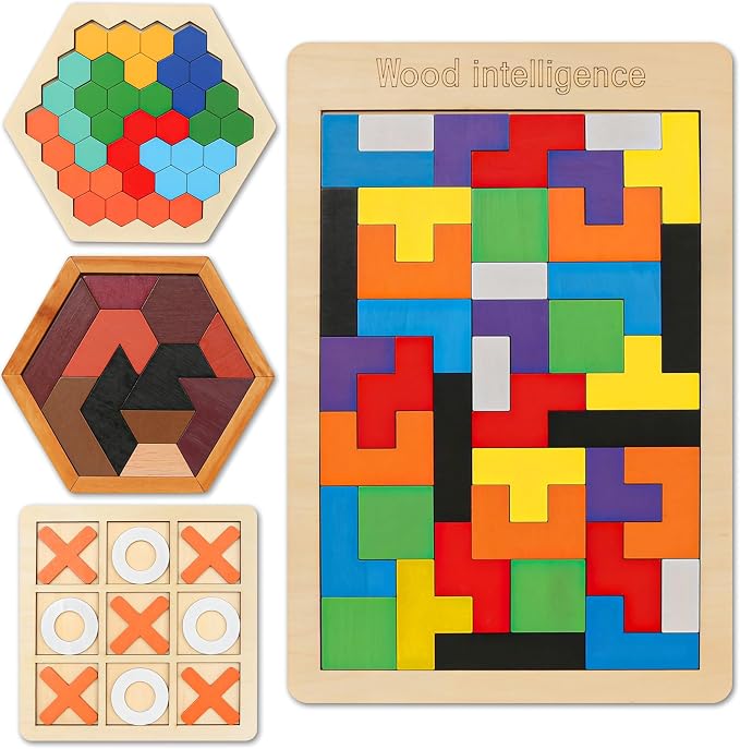 4 Pack Wooden Hexagon Puzzle, STEM Logic IQ Travel Game for Kids Adults | Montessori Educational Toy, Geometric Shape Blocks, Logic IQ Game, Ideal Gift for Kids Teens Adults