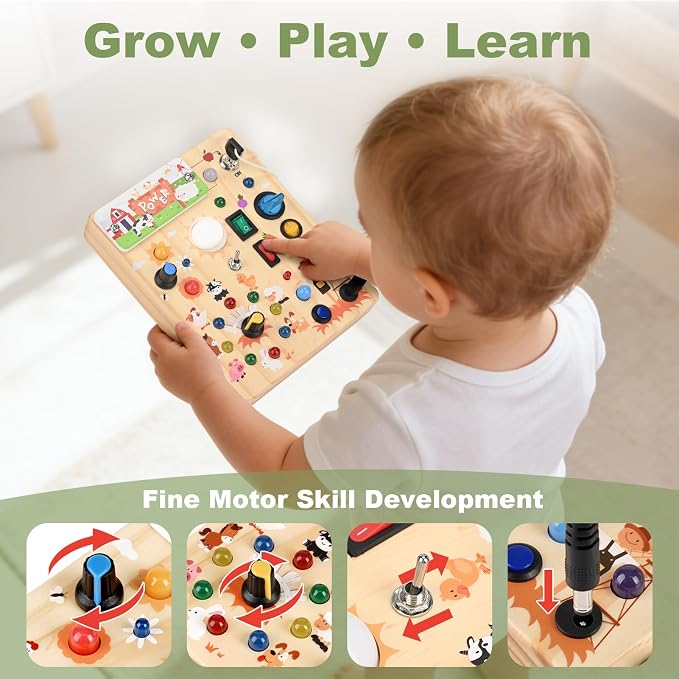 Busy Board for Toddlers 1-3 - Montessori Educational Sensory Toy for Kids | 10 Switches & 19 LED Lights Farm Sensory Toy, Develops Fine Motor Skills, Portable Travel Toy, Birthday Gift for Boys & Girls