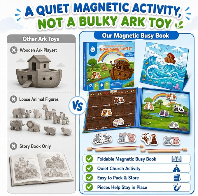 Travofun Magnetic 4-in-1 Animal Game | Travel Toys for Toddlers Ages 3-5 | 4-in-1 travel toy with magnetic fishing, animal matching, spelling, and story play in a colorful Noah's Ark picture scene.