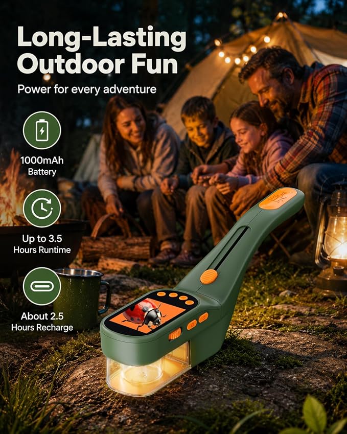 Ashfly Bug Catcher Kit for Kids, Handheld Microscope for Kids with Screen | No-touch catching with clear chamber, manual focus, photo/video and USB-C PC viewing for close-up insect observation