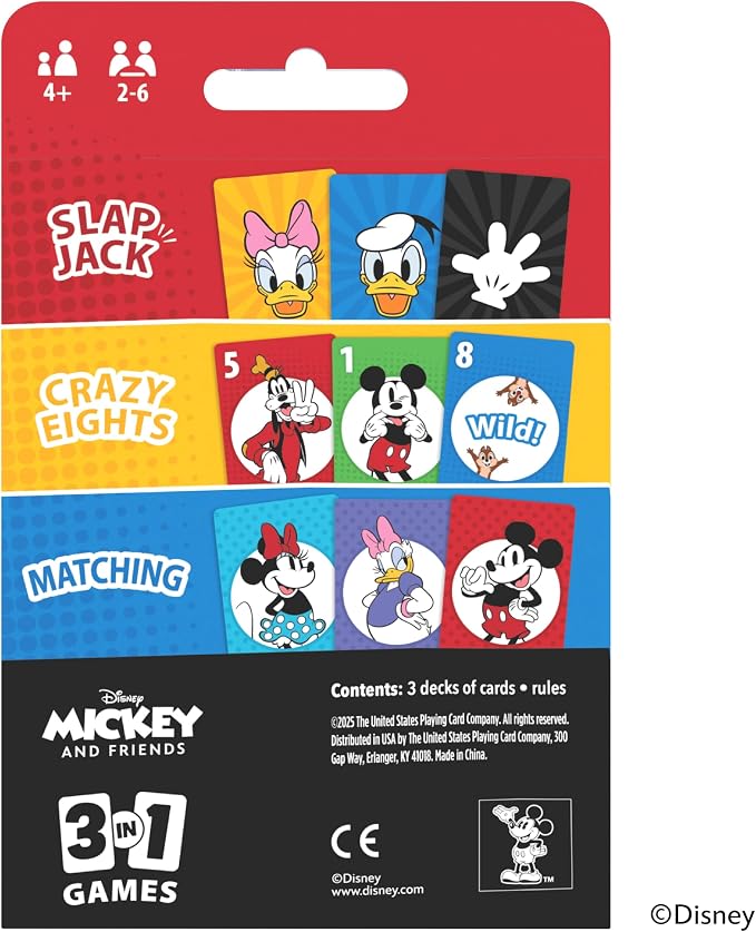 Bicycle Disney Mickey and Friends 3-in-1 Card Games, Matching, Crazy Eights & Slap Jack, Featuring Mickey Mouse, Donald Duck & Goofy, Kids Card Games Ages 4+, Family Games for 2-6 Players