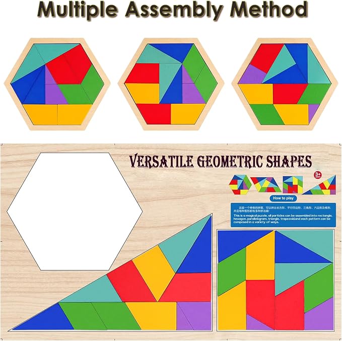 KINGOU Wooden Hexagon Puzzle Tangram for Kids and Adults, 12 Large Pieces Montessori Geometric Shape Brain Teasers, STEM Logic Game Learning Toy, Creative Desktop Coffee Table Travel Puzzle Gift