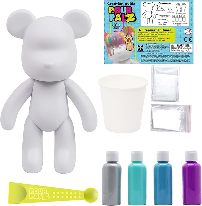 Pour Palz DIY Paint Pouring Kit – 1 XL Bear Figurine, 4 Acrylic Pour Paints, Mixing Cups & Tools, Create Unique Marbled Art, Fun Hands-On Craft Kit for Kids & Adults, Groovy Smoothie, Ages 5+