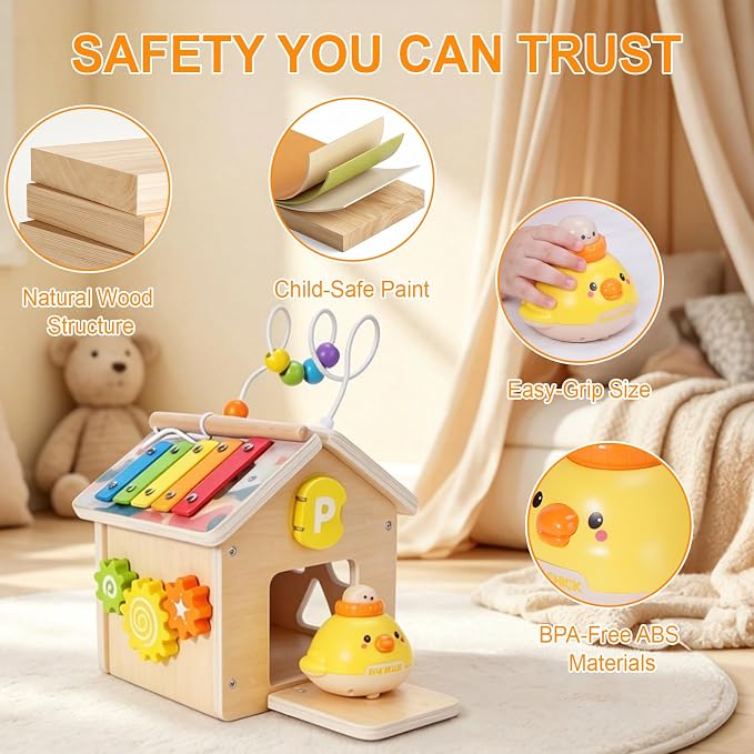 Montessori Wooden Baby Activity Play Cube Toys for Boys Girls 6 Months+, Early Developmental Learning Activity Center for Toddlers, 1-3 Years Old Kids First Birthday Gift, Bonus Infant Press & Go Car