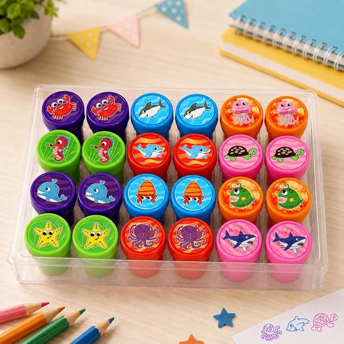 Cinrobiye 24 Pcs Ocean Animal Stampers Party Favor Set, Cute Sea Life Stamps for Kids Birthday Party, Classroom Rewards, Carnival Prizes, Goody Bag Fillers, Under the Sea Party Supplies