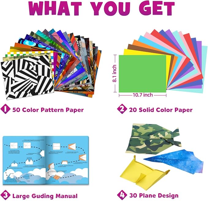 Pigipigi Kids 70 Airplane Origami Paper,Arts and Crafts for Kids Ages 5-12 | Beginners Origami Kit with 50 Airplane paper,Step-by-Step Guiding Book, DIY Craft Birthday Gift for Boys Girls ages 5-12