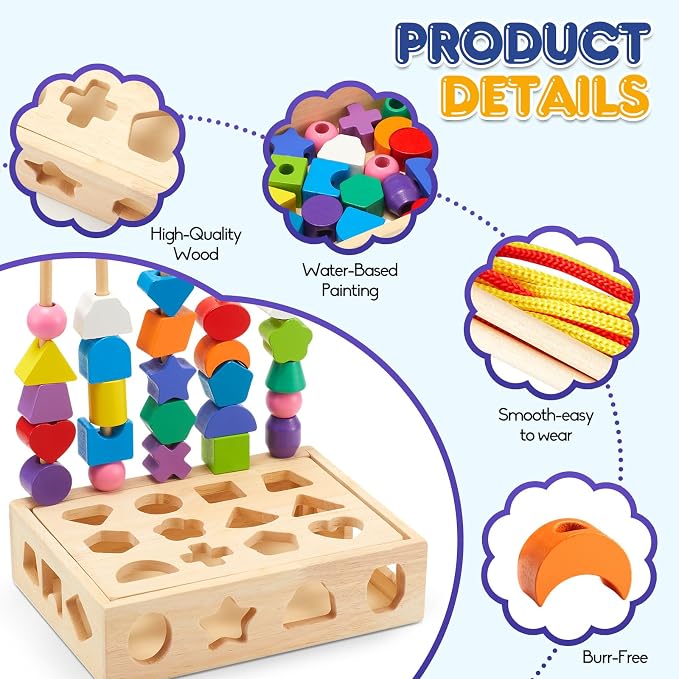 3 in 1 Montessori Wooden Toys, Lacing Beads & Stacking Blocks & Shape Sorter Sequencing Toy Set, STEM Preschool Educational Learning Fine Motor Skills Toys for Toddlers 3 4 5 Years Gifts