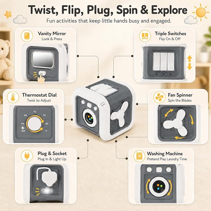 Montessori Toys for 1 Year Old Boy Girl - Busy Board with Light - Travel Sensory Toys for Toddlers 1-3 - Birthday Gifts Christmas Stocking Stuffers - Baby Toys 12-18 Months (Grey)