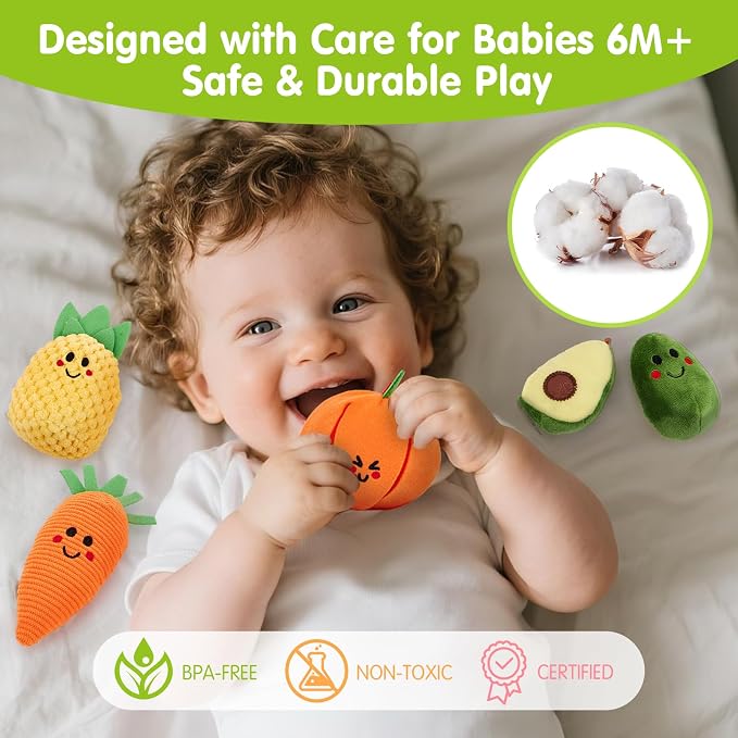 hahaland Montessori Toys for 1 Year Old - Baby Fruit Vegetable 6-12 Months | 17 PCs Sensory Toys Color Sorting Plush Play Food with Caterpillar Bag, 9 10 12 Month Old Toy 1st One Year Old Birthday Gifts