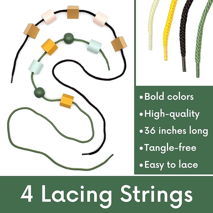 Blu Jay Wooden Lacing Beads & Strings 125 Pieces, Fine Motor Skills Toys for 3 Year Old, Fine Motor Toys, Toy Lacing Beads for Toddlers - Boho Colors