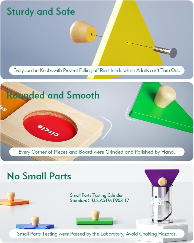 boby Wooden Shape Peg Puzzle - 12 Geometric Shapes Early Learning Toy for Toddlers, Preschool Educational Shape & Color Sorter with Knobs, Montessori Fine Motor Skill Toy for 1-3 Year Old Boys & Girls