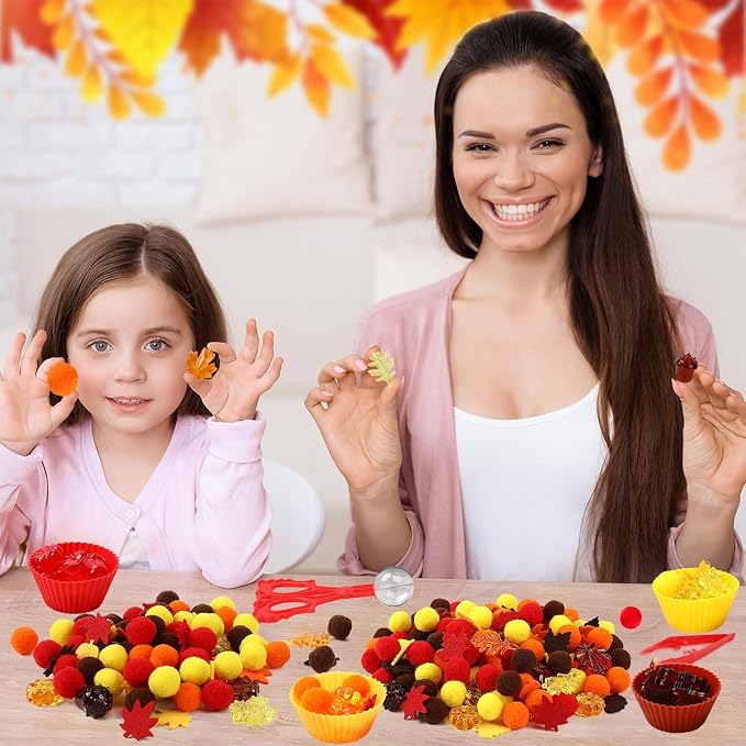 241 Pcs Fall Sensory Bin Fillers Fall Sensory Bin Items Fall Thanksgiving | Fine Motor Toys Counting Sorting Set,Felt Leaves,Acrylic Pumpkins,Pom Poms Sorting Cups,Tweezers for Preschool Education Acti