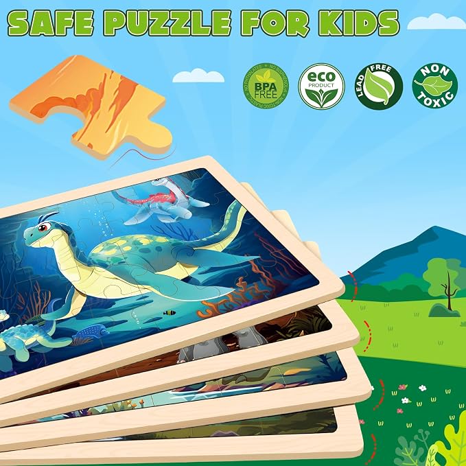 4-Pack Wooden Puzzles for Kids Ages 3-5, 24-Piece Dinosaurs Toddler Set | Toddler Puzzles Ages 3-5, Preschool Puzzles with Wooden Jigsaw Boards for Fine Motor Skills, Shape Recognition and Travel
