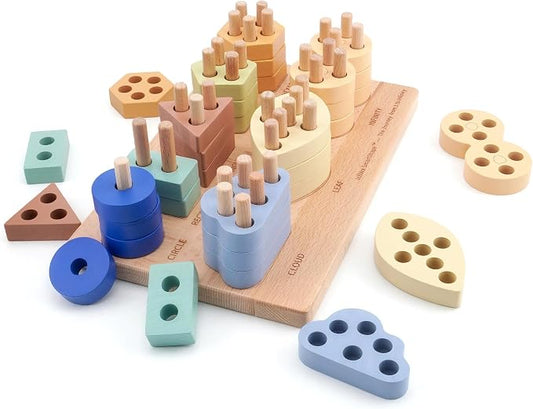 SmartShape — Montessori Wooden Shape Sorter with Cloud, Leaf & Infinity Shapes, Progressive 1-to-8 Peg Stacking Board for Toddlers 1-5, Fine Motor Learning Toy & Heirloom Gift