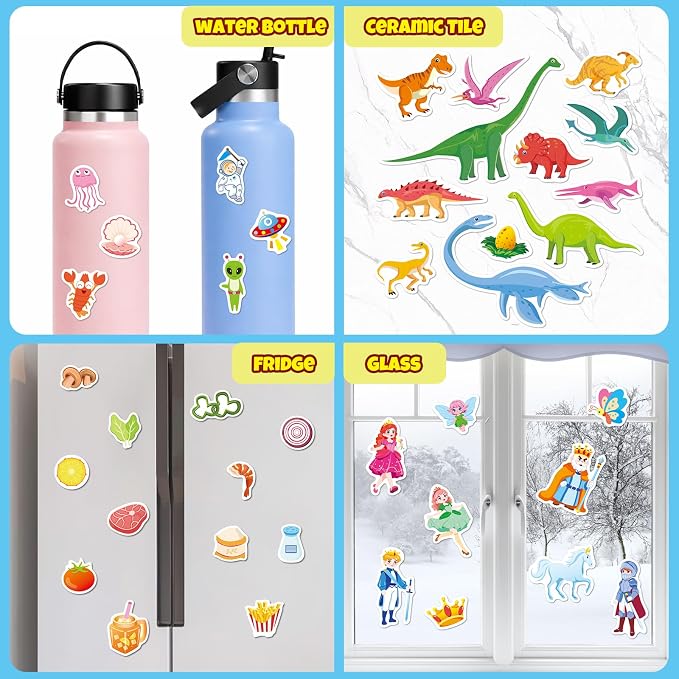 Sticker Books for Toddlers 2-4 Years, Travel Sticker Book with Washable Jelly Stickers, Foldable Carry Handle Quiet Toy, 5 Theme Scenes for Kids 3-5, Dinosaur+Space+Ocean+Fairy Tale+Pizza