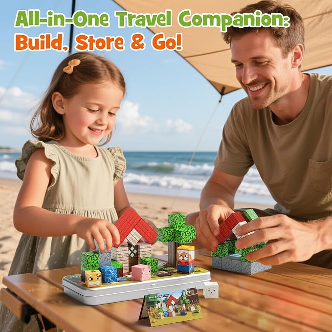 Mini Magnetic Travel Building Blocks: 35 PCS Farm Animals STEM Toys | Metal Storage Box as Play Base - Portable Magnets Cubes Road Trip & Airplane Activities Essentials for Kids Toddlers Ages 3-8