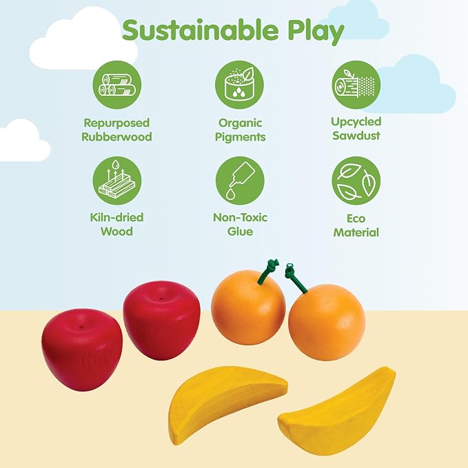 PlanToys® Wooden Fresh Produce Set Apples, Oranges & Bananas Sliceable Kids | slicing, fruit basket, pretend food, fruits and vegetables toys, girls, boys, fine motor role play imaginative social gift