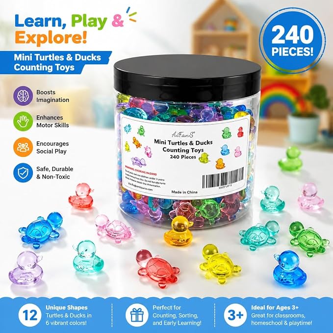 240PCS Translucent Counting Toys for Preschool with Storage Box | Turtle & Duck Sorting Manipulatives, Montessori Math Counters, Sensory Bin Fillers, Classroom Learning Toys for Toddlers