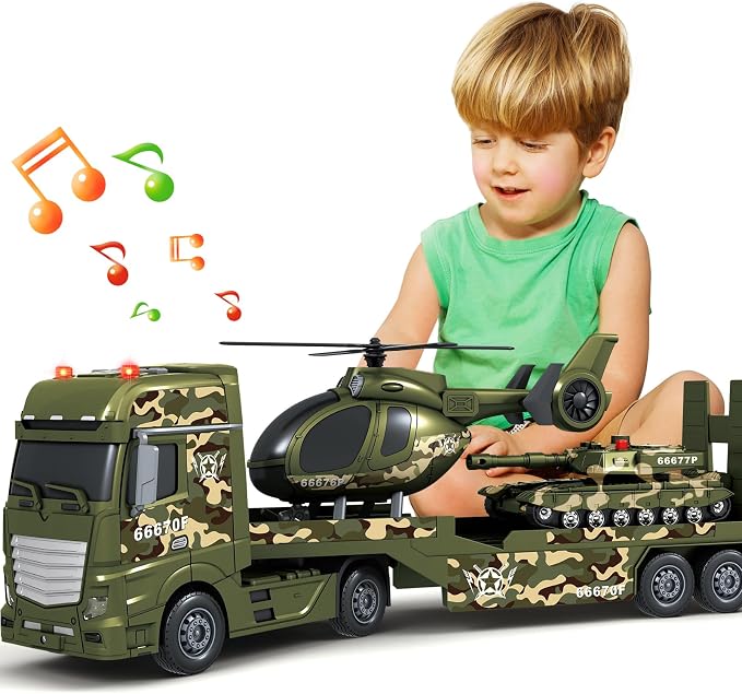 Bstoyder Toddler Boy Toys for 3 4 5 6 7 Years Kids, 25" Semi Army Truck Toy with Helicopters and Tank, Friction Powered Military Toys with Lights and Sounds, Birthday for Boy Girls
