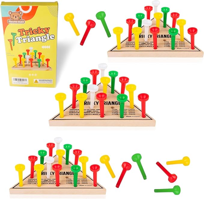 3 Pack - Wooden Triangle Peg Board Game - Retro Mini Travel Game