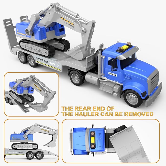 DOWELLIN Transports Trucks Kids Toys, 22" Large Semi Truck Toy Carrier and Excavator Truck with Sound&Light,Friction Powered Cars Toys Vehicle Birthday for Boys Girls 3 4 5 6 7 8+