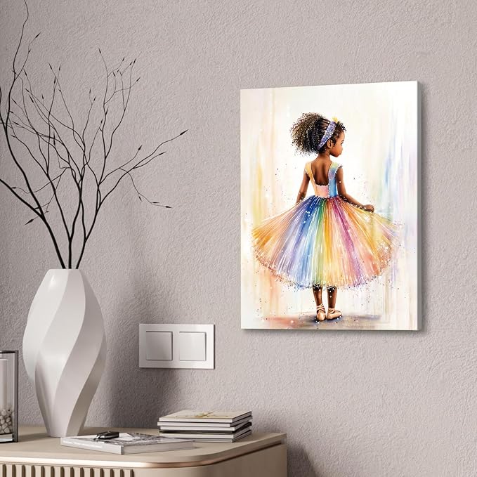 Black Girl Princess Wall Art,Cute Girl Rainbow Ballet Art Decor 16X12In | Afro Girls Art,Inspirational Black Girl Artwork for Girls Bedroom Nursery Playroom Home Wall Decor