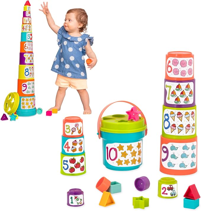 Battat Stacking Cups Shape Sorter, Sort & Stack Nesting Cups Set, Toddler | 19-piece toddler set with 10 nesting cups, 8 shapes, and shape sorter lid for stacking, sorting, water and sand, 18+ Months