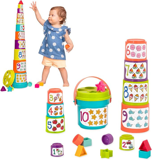 Battat Stacking Cups Shape Sorter, Sort & Stack Nesting Cups Set, Toddler | 19-piece toddler set with 10 nesting cups, 8 shapes, and shape sorter lid for stacking, sorting, water and sand, 18+ Months