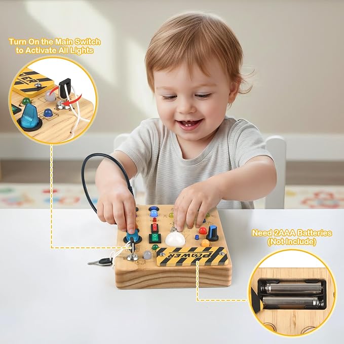 LED Busy Board for Toddlers 1-3,Montessori Sensory Toy with Key Switch and Plug, Light Up Wood Activity Switch Board for Fine Motor Skills, Educational Travel Toy Gift for 1 2 3 Year Old Boys Girls