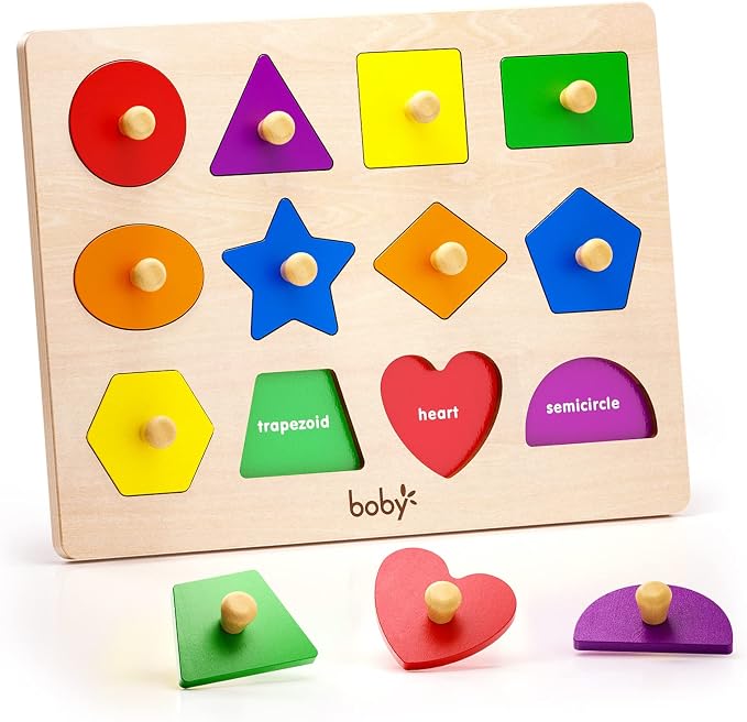 boby Wooden Shape Peg Puzzle - 12 Geometric Shapes Early Learning Toy for Toddlers, Preschool Educational Shape & Color Sorter with Knobs, Montessori Fine Motor Skill Toy for 1-3 Year Old Boys & Girls