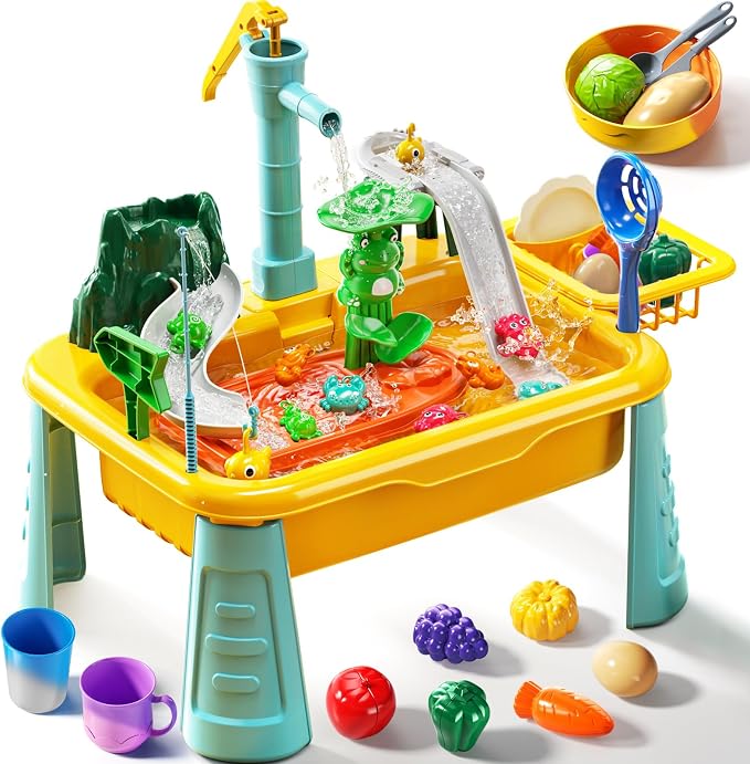 Kids Water Table Play Toy for Toddlers 4-8 Years Old | Kitchen Sink with Pump and Flowing Water, Fishing Games, Outside Sensory Gift Toys for Boys and Girls 3 4 5 6 7 8