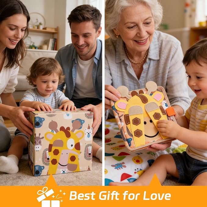 Giraffe Busy Book for Toddlers 1-3, Montessori Toys Toddler Busy Board for 1 Year Old, Felt Quiet Book Sensory Learning Activity Books, Airplane Car Travel Toys, Gifts for Boys Girls 1+