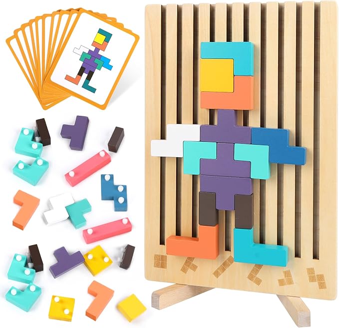 Wooden Stacking Puzzle Board, Montessori Brain Blocks for Kids Ages 3-8 | DIY Wooden Board Puzzle Game, 3D Russian Block Game, STEM Educational Toys, Boy & Girl Gifts for Birthday & Christmas