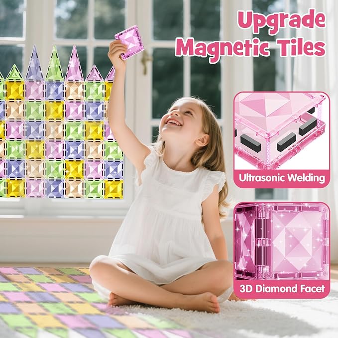 Clear Crystal Glitter Magnetic Tiles: Diamond Building Blocks for Kids | 60PCS Metal Storage Box, Compatible With Most Tile Sets, Strong Magnets, Ages 4-8, 60+ Mins Play Travel & Home Fun
