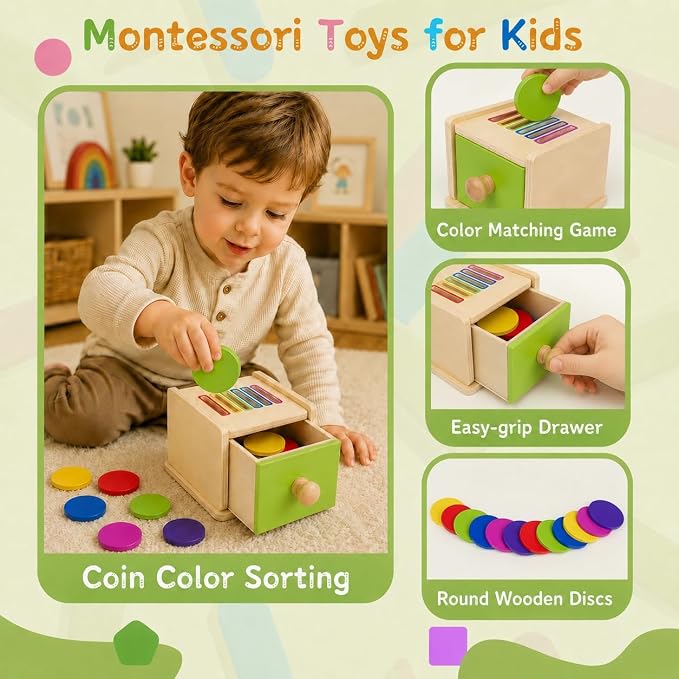 Montessori Toys for 1-3 Year Old: Color Sorting Wooden Drawer Box Toy for Toddlers, Object Permanence and Fine Motor Sensory Toy, 12-18 Months Busy Board Matching Game for Baby Boys and Girls Gifts