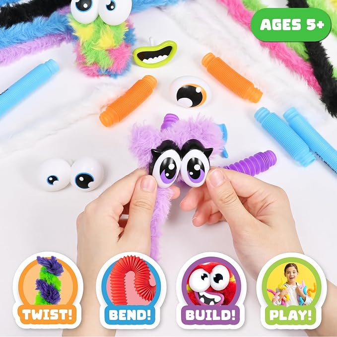 WeVeel TOOBLERZ Kids Craft Kit, 62-Piece DIY Monsters & Animals, Ages 5+ | Screen-Free Creative Play Reusable Mix-and-Match Parts Fuzzy Sticks & Stretchy Tubes Open-Ended Building Fun