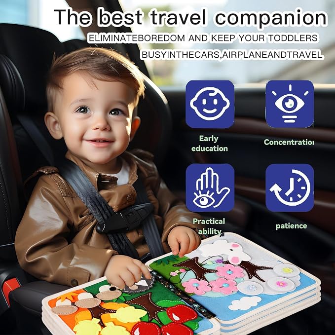 Busy Book for Toddlers 1-3 Years Old - Montessori Busy Board Toy, Suitable for 1-Year-Old Boys and Girls, Quiet Activity Book, Travel Toy, Sensory Cloth Book for 1-Year-Olds