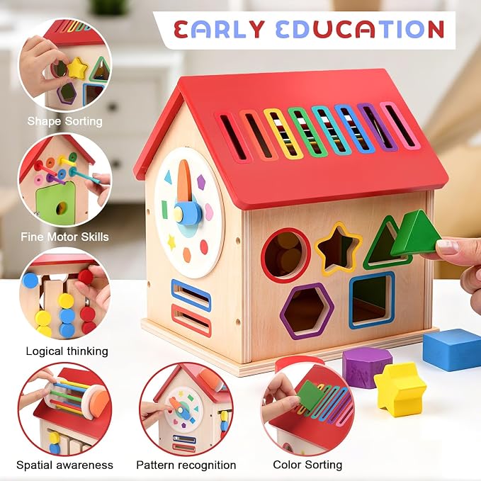 Wooden Shape Sorter Activity Cube, Montessori Toy for Toddlers 3+ Years Old | Multi-Functional Busy House Baby Color Sorting Educational Learning Toy, Birthday Gifts for Boys Girls