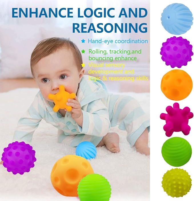 Baby Sensory Balls, 6 Textured Soft Balls for Babies 6-12 Months | 6 Multi-Texture Massage Soft Balls, Bright Colors for Touch, Squeeze and Roll Play, Birthday Gift for Infant 1 Year Old