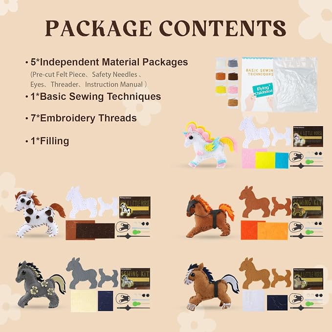 IROLEHOME 5-Pc Pony Sewing Kit for Kids Ages 8-12 Beginner Felt Craft Kits | Learn to Sew Craft Kit for Kids DIY Stuffed Horse Dolls - Montessori Educational Toys Gifts for Toddlers Fine Motor Skills