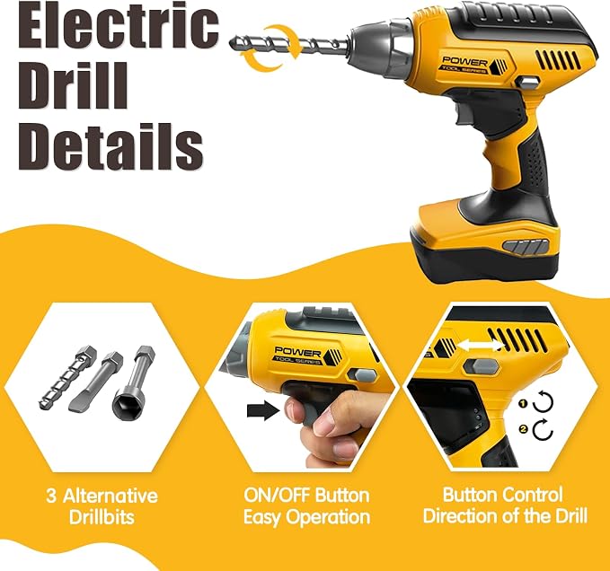 Playhiland Kids Tool Set for 3 4 5 6 7 8 Year Old Boys & Girls | Pretend Play Kids Construction Kits with Electronic Toy Drill & Tool Box, Toy Tools Christmas Birthday Gift
