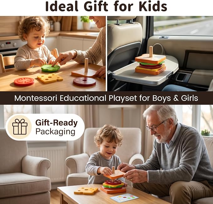 LovesTown Wooden Sandwich Stacking Toys, with Cards | for Toddlers, Montessori Toys, Role-Play, Preschool Learning, Screenless Play