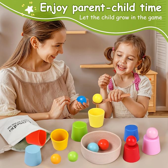 Rainbow Balls in Cups Toddler Montessori Toys (8 Balls, 1.4 in) | Color Sorting Toys for Toddlers for 3 Year Old Up, Learning Color Sorting and Counting, Kids Preschool Wooden Matching Games