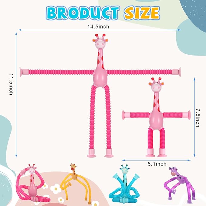 XONTEUS 4 Pcs Pop Tubes Giraffe Travel Airplane Road Trip Car Activities Essential, Telescopic Suction Cup Sensory Fidget Toys,Screen-Free Activity for Toddler 3+ and Kids, Stocking Stuffers for Kids